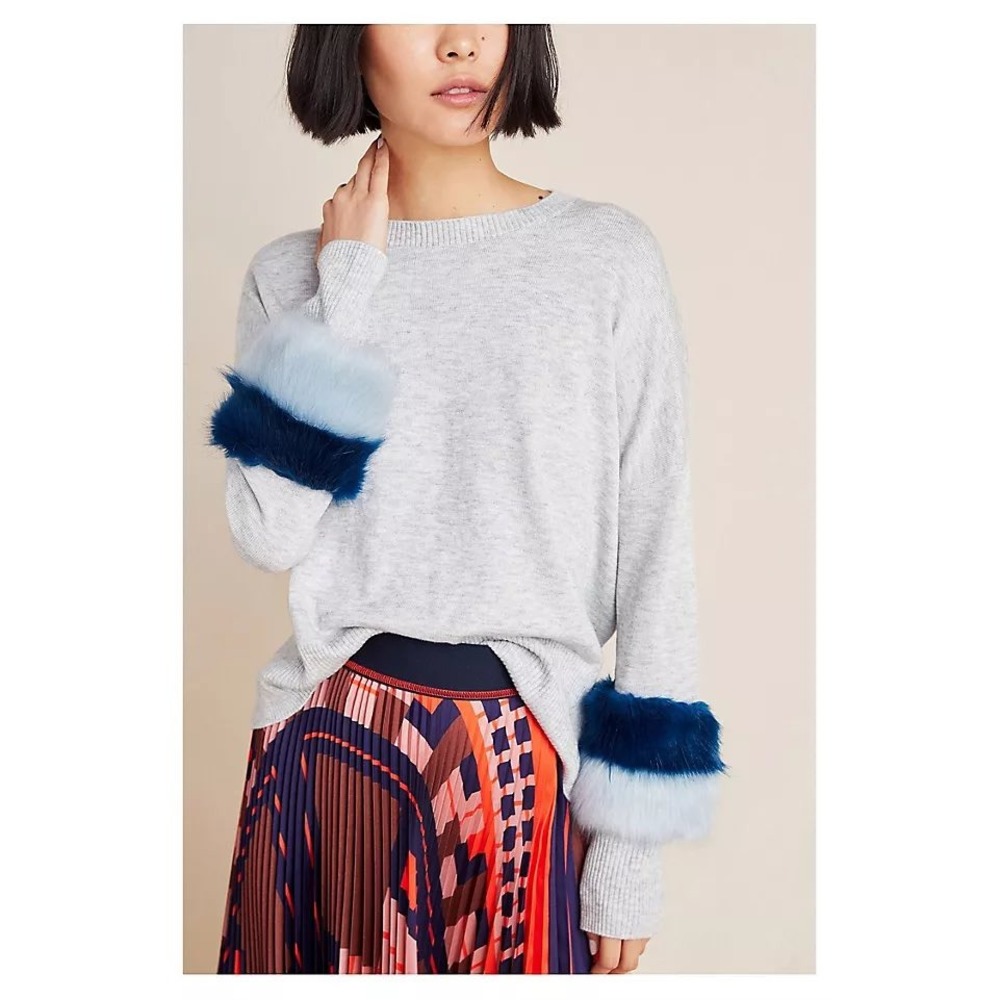 Maude Vivante Nanette Grey Faux Fur Cuff Knit Sweater XS Crew Neck Anthro